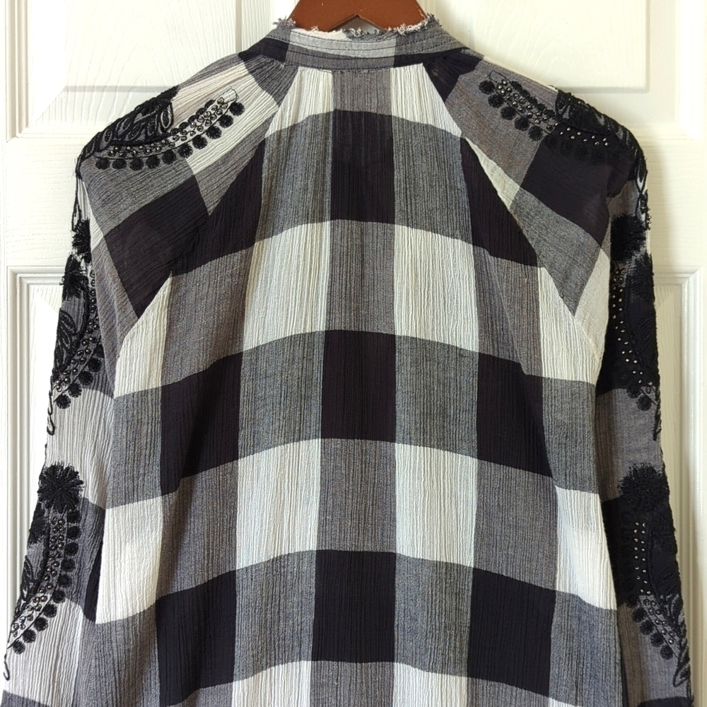 Free People Embroidered & Beaded Buffalo Plaid Gauze Long Sleeve Tunic Top XS - Picture 11 of 12